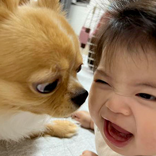 ほっぺたをなめられてくすぐったかった!