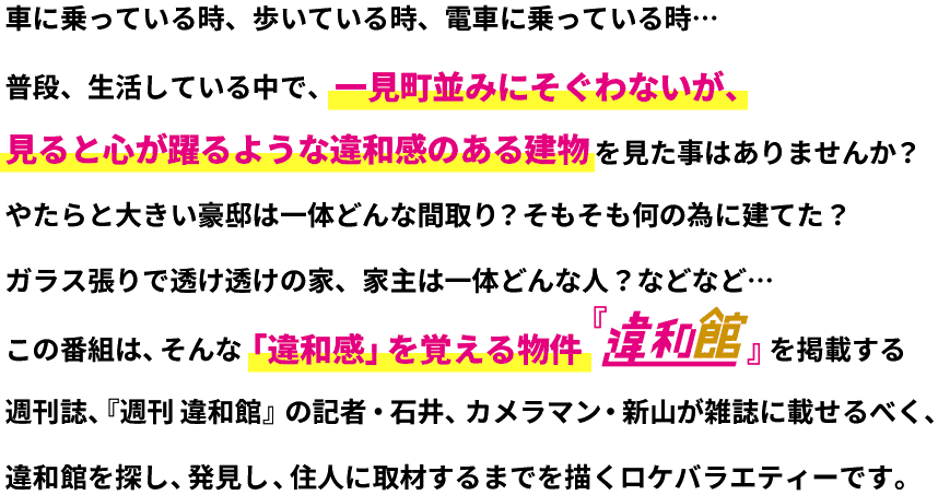 車に乗っている時、歩いている時、電車に乗っている時…
                        普段、生活している中で、一見町並みにそぐわないが、
                        見ると心が躍るような違和感のある建物を見た事はありませんか？
                        やたらと大きい豪邸は一体どんな間取り？そもそも何の為に建てた？
                        ガラス張りで透け透けの家、家主は一体どんな人？などなど…
                        この番組は、そんな「違和感」を覚える物件【違和館】を掲載する
                        週刊誌、『週刊 違和館』の記者・石井、カメラマン・新山が雑誌に載せるべく、
                        違和館を探し、発見し、住人に取材するまでを描くロケバラエティーです。