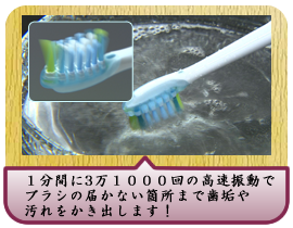１分間に3万１０００回の高速振動で ブラシの届かない箇所まで歯垢や汚れをかき出します！