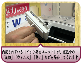 内蔵されている「イオン発生ユニット」が、空気中の「花粉」「ウィルス」「臭い」などを除去してくれます。