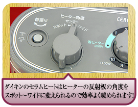 ダイキンのセラムヒートはヒーターの反射板の角度をスポット～ワイドに変えられるので効率よく暖められます！