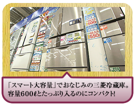 「スマート大容量」でおなじみの三菱冷蔵庫。容量６００Lとたっぷり入るのにコンパクト！