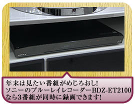 年末は見たい番組がめじろおし！ ソニーのブルーレイレコーダーBDZ-ET2100なら ３番組が同時に録画できます！