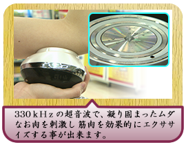 330ｋＨｚの超音波で、凝り固まったムダなお肉を刺激し筋肉を効果的にエクササイズする事が出来ます。