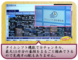 タイムシフト機能で９チャンネル、最大15日分の番組をまるごと録画できるので見逃す心配もありません。