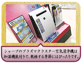シャープのプラズマクラスター空気清浄機は加湿機能付きで、乾燥する季節にはぴったりです。