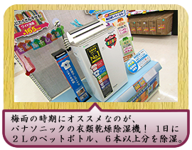 梅雨の時期にオススメなのが、パナソニックの衣類乾燥除湿機！1日に２Ｌのペットボトル、６本以上分を除湿。