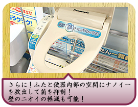 さらに！ふたと便器内部の空間にナノイーを放出して菌を抑制！壁のニオイの軽減も可能！