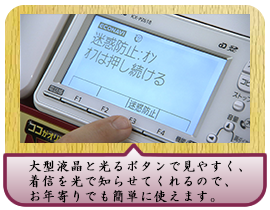 大型液晶と光るボタンで見やすく、 着信を光で知らせてくれるので、お年寄りでも簡単に使えます。