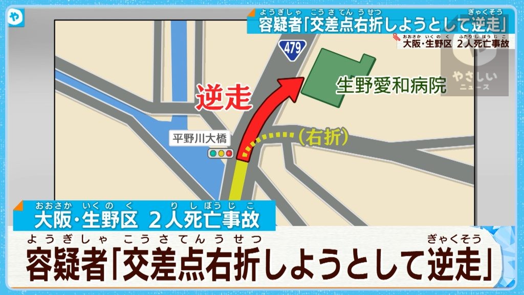 【大阪・生野区 】2人死亡事故2人死亡事故　交差点進入時に逆走か