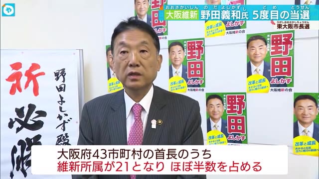 東大阪市長選　維新にくら替えの野田氏5回目の当選 大阪府内の首長のほぼ半数が維新に